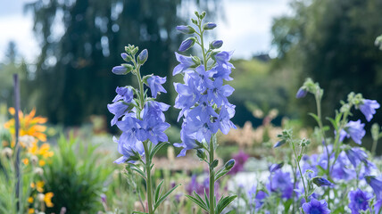Larkspur flowers with blue blooms in a sunny garden.