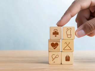 Hand arranging wooden cubes with essential needs icons, health, housing, food, clothing