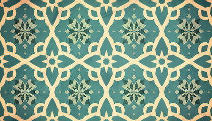 Intricate geometric pattern featuring floral motifs in teal and cream, suitable for backgrounds