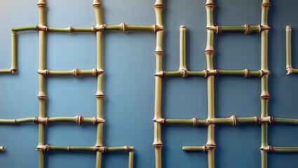 Fototapeta premium Modern Light Green Bamboo Grid on Blue Wall Minimalist Interior Design Background