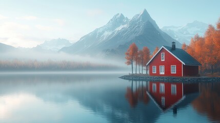 Fototapeta premium Red cabin, mountain lake, autumn mist, sunrise, peaceful retreat