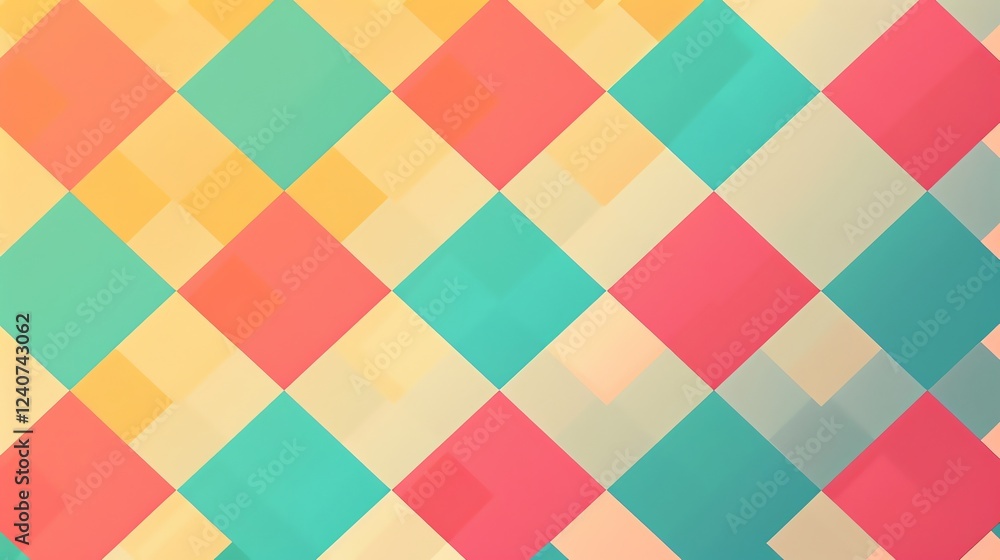Poster an abstract geometric pattern of colorful squares arranged in a diagonal pattern.