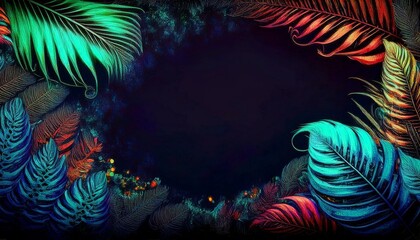 border frame beautiful palm tree leaves and jungle flowers on black background; copy space for your text