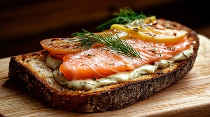 Savor the cozy charm of gourmet toast with salmon and dill in a rustic kitchen setting - close-up culinary art photography