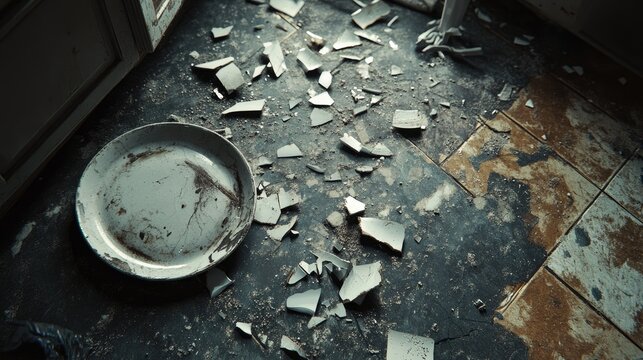 A close-up of a cracked ceramic plate and scattered shards on the kitchen floor, evoking a sense of disarray and accident.