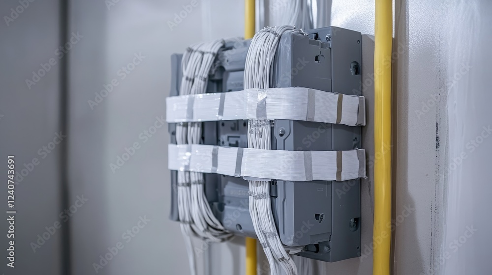 Poster A close-up of a junction box with multiple wires securely wrapped in electrical tape and neatly arranged, showcasing electrical precision and safety.