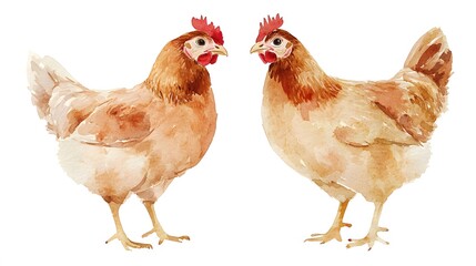 Fototapeta premium Two Brown Hens Facing Each Other Watercolor Painting
