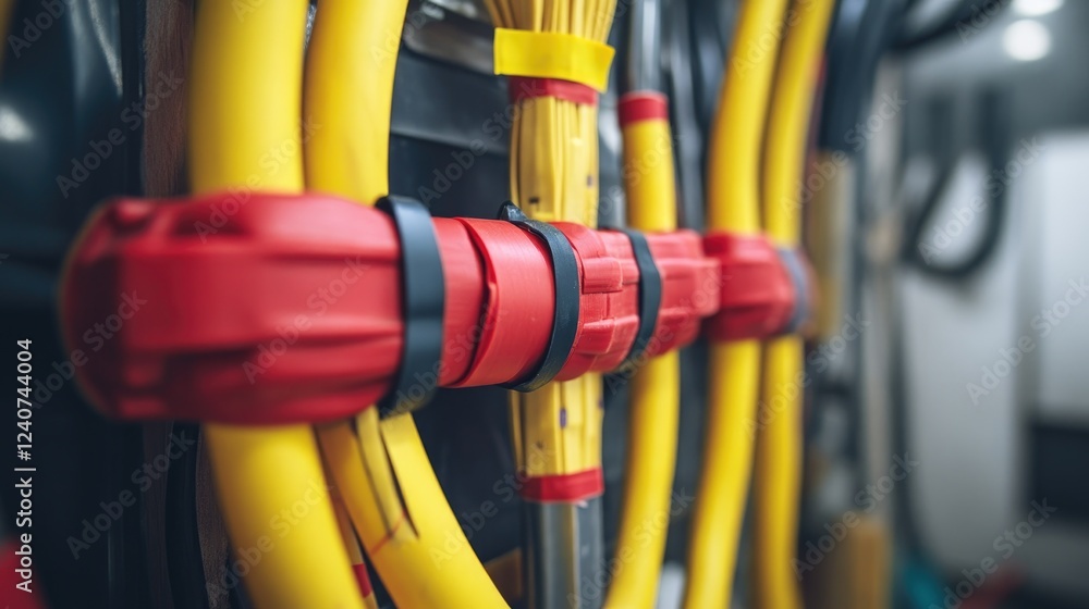 Aufkleber a close-up of a neatly organized bundle of electrical wires, insulated with red and yellow electrica