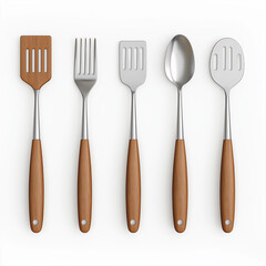 A set of kitchen utensils, home accessory element, photorealistic 3D rendering, stainless steel with wooden handles, isolated on white background