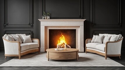 Elegant living room with fireplace and curved armchairs