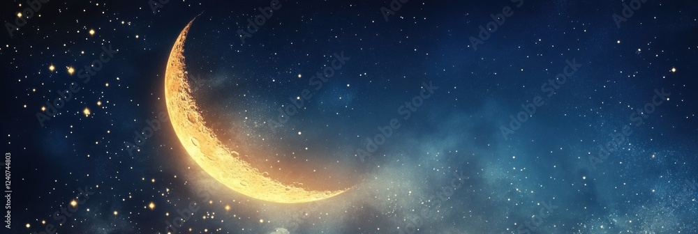 Aufkleber crescent moon glows brightly in a starry night sky over a serene landscape during twilight hours. ge