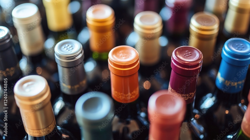 Poster a close-up of elegant wine bottles with colorful caps and artistic labels, arranged neatly on a refl