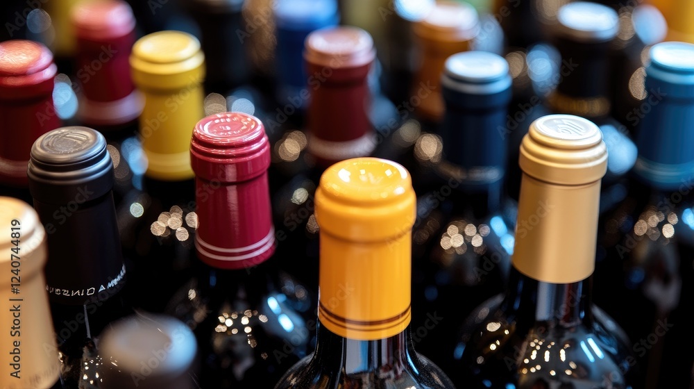Poster a close-up of elegant wine bottles with colorful caps and artistic labels, arranged neatly on a refl