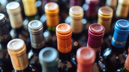 A close-up of elegant wine bottles with colorful caps and artistic labels, arranged neatly on a reflective surface, highlighting variety and sophistication.