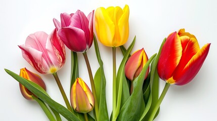 A group of colorful tulips with green stems and leaves, on a white background.