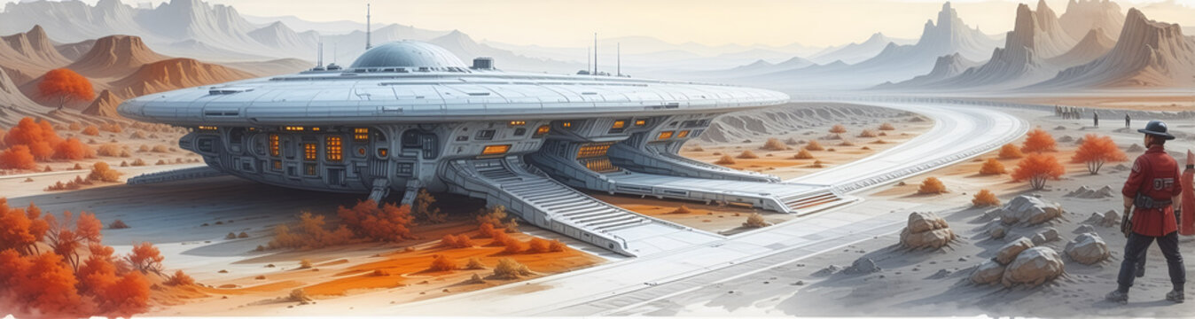 illustrazione in ambiantazione futuristica con costruzioni imponenti e tecnologiche