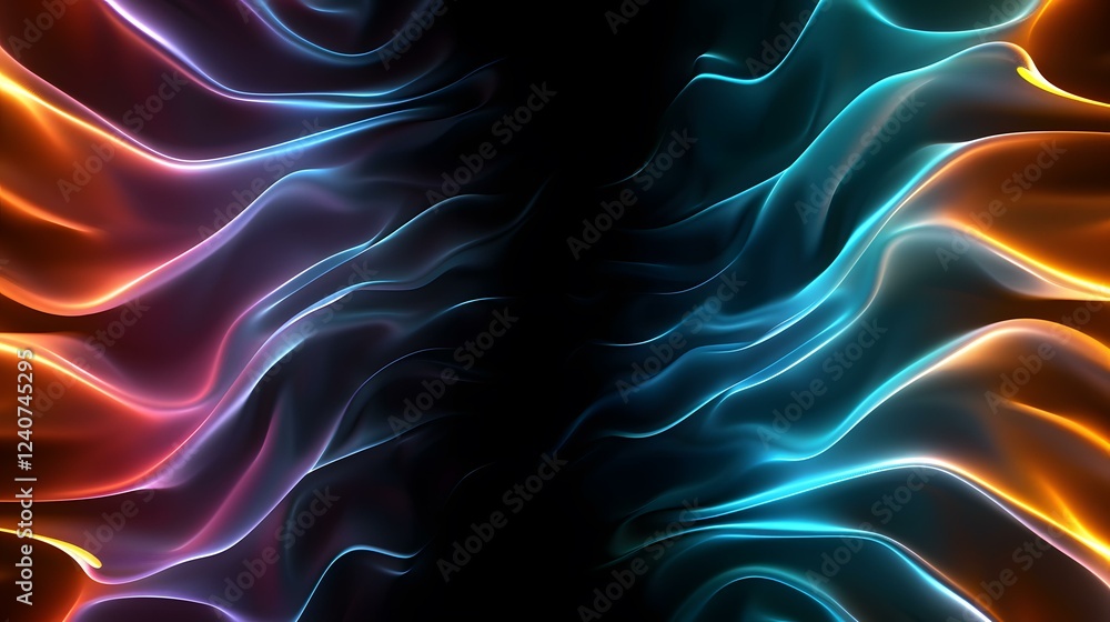 Poster the image contains an abstract depiction of flowing, luminous waves in shades of orange and blue, se