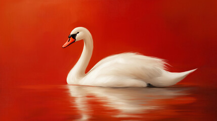 white swan  with white feathers isolated on red background