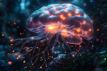 Obraz premium Futuristic Neural Network Conceptual Art - Glowing Bio-Luminescent Brain Design