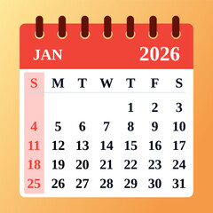 Red january 2026 Monthly Calendar and Planner, Strategic Jan 2026 Time Planner. Jan 2026 Calendar and Productivity Map. Flat design. Vector illustration.