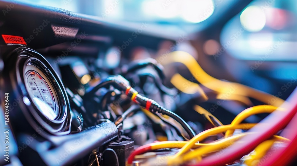 Poster a close-up of wires insulated with electrical tape under a car dashboard, showing a detailed automot