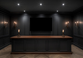 A large black wall with dark gray trim and an ornate wooden entertainment console holding the TV, a small bronze statue of lit candles on each side, and two tall sconces hanging from it. The 