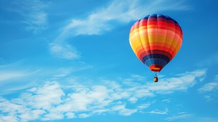 Fototapeta premium A brightly colored hot air balloon floats in a blue sky with white clouds.