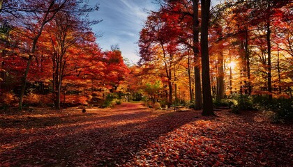 Naklejka premium A cozy autumn forest with trees displaying vibrant shades of red, orange, and yellow