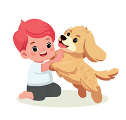 happy cute baby boy kid play with dog	
