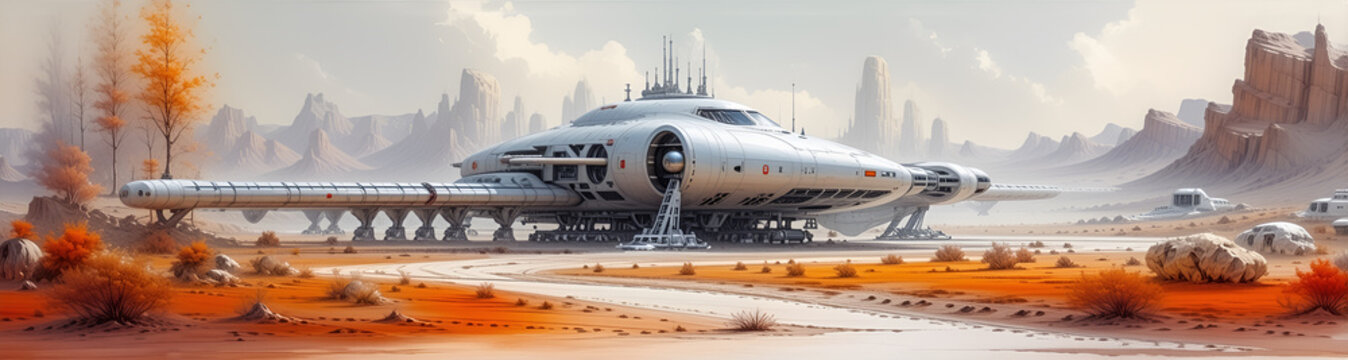 illustrazione in ambiantazione futuristica con costruzioni imponenti e tecnologiche