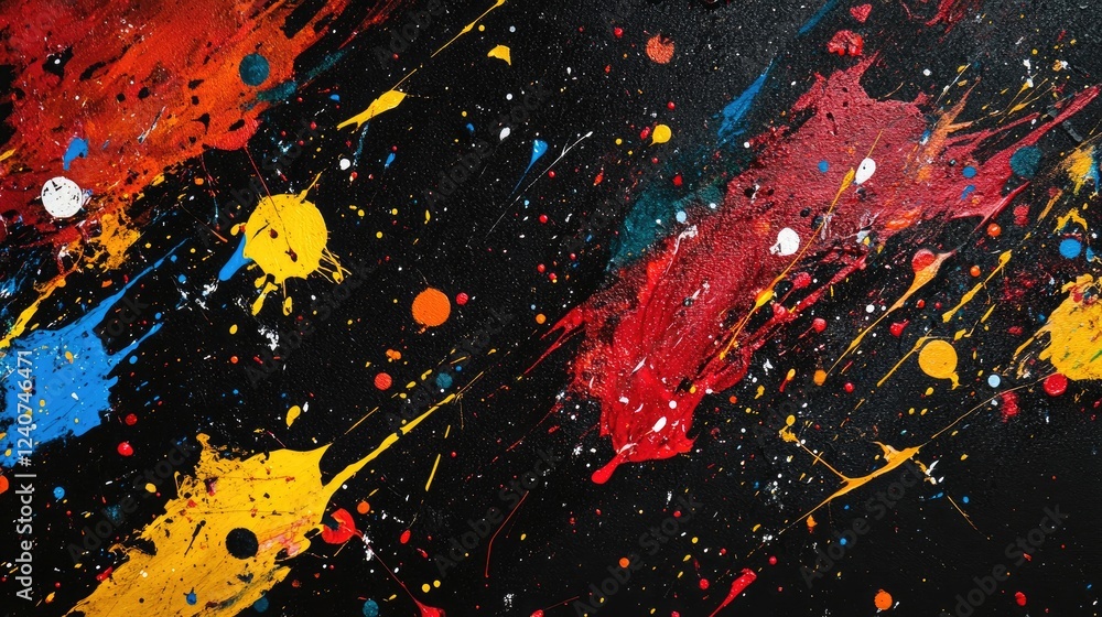 Poster A colorful and abstract display of paint splashes in vivid hues, captured in high detail on a black studio floor for a dynamic visual.