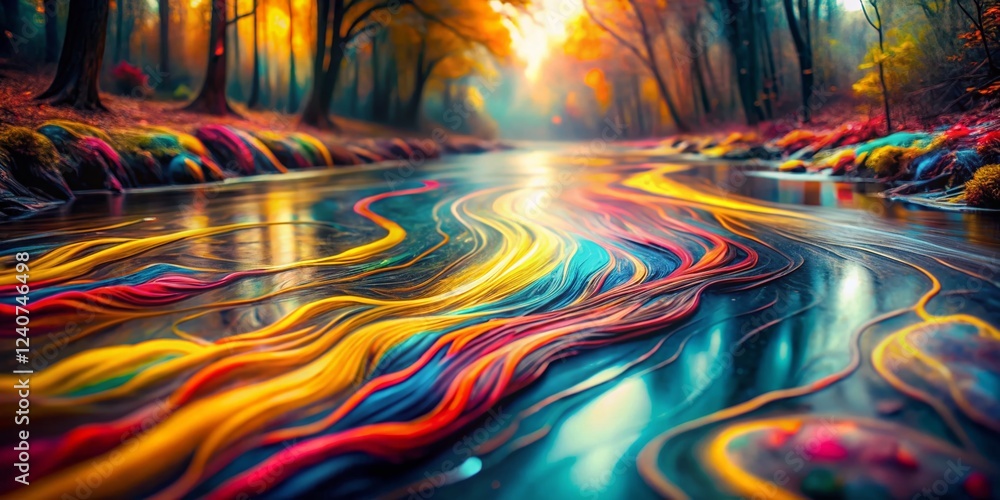 Poster abstract river landscape: colorful paint branching patterns with bokeh effect