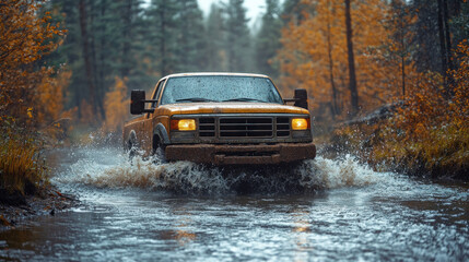 A rugged pickup truck crossing a shallow river, with water splashing dramatically around its tires