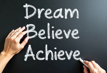 Fototapeta premium Dream, Believe, Achieve: White Chalk Writes Bold Motivation Against Blackboard Background Motivational quotes best for wall art or print