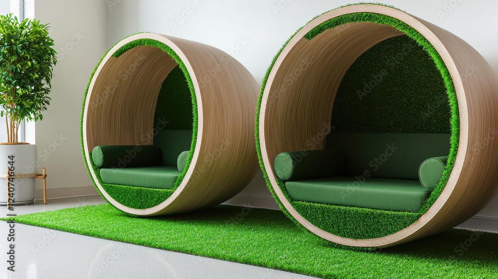 Poster modern indoor seating pods with artificial grass cladding for contemporary spaces