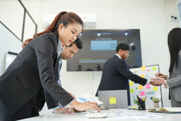 
Business team brainstorming for planning strategies, laptop meeting with collaboration to present group project in office.