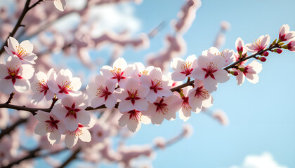 Fototapeta premium Cherry blossoms in full bloom against a clear blue sky, spring awakening