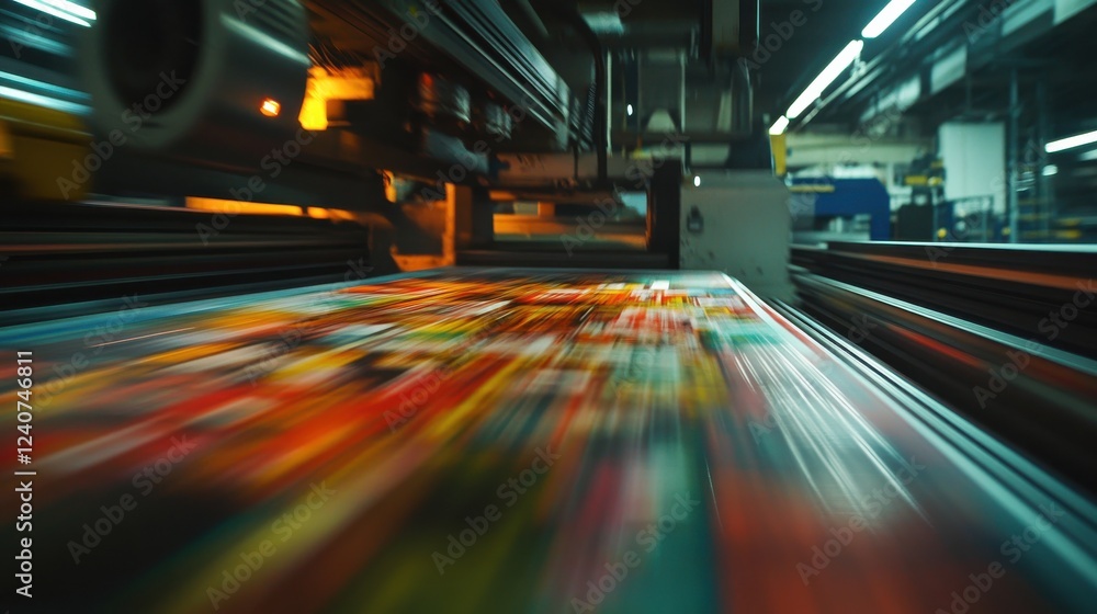 Poster colorful printing process with motion blur in industrial setting