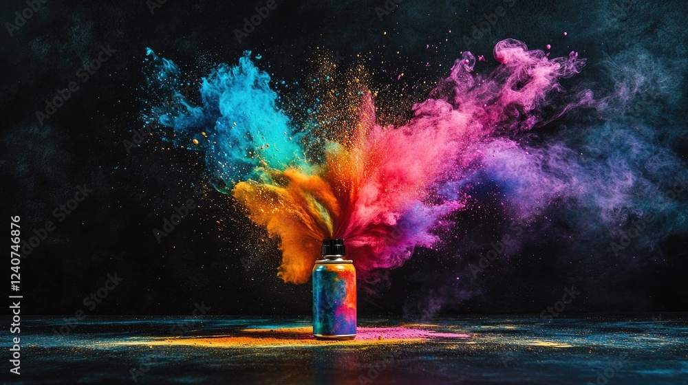 Poster a colorful burst of paint shooting out from a spray can nozzle, set against a dark background, showc
