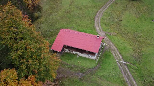 Small wooden shed with a red roof behind a large green forest on a mountain in Bavaria, Germany