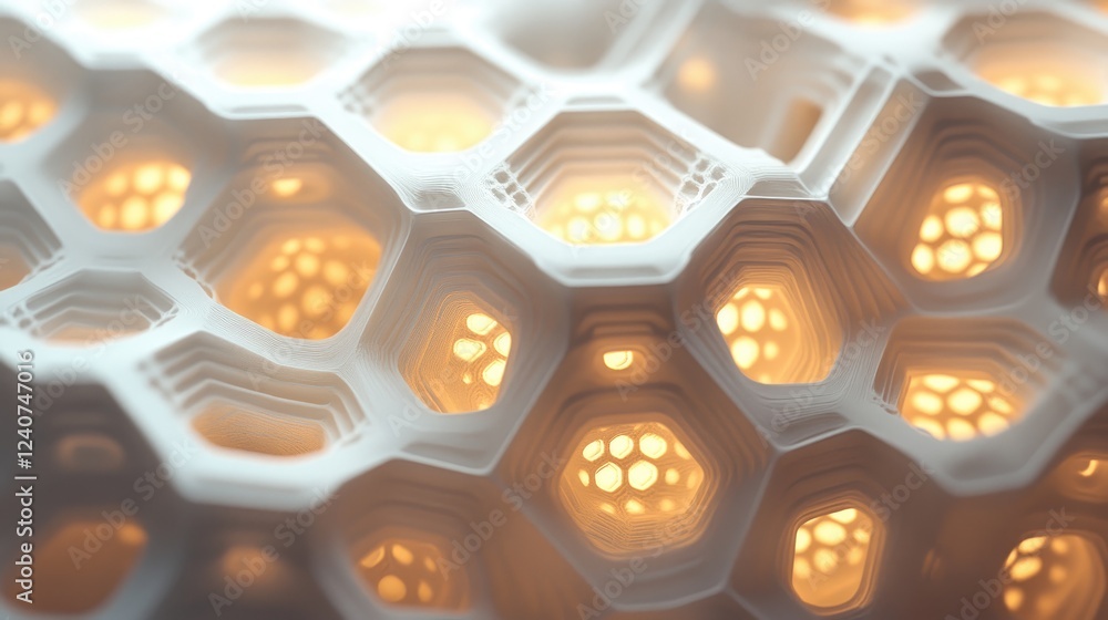 Poster A complex, interlocking hexagonal pattern illuminated with soft, futuristic lighting, creating a digital, cutting-edge design.