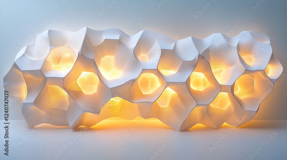 Poster A complex, interlocking hexagonal pattern illuminated with soft, futuristic lighting, creating a digital, cutting-edge design.