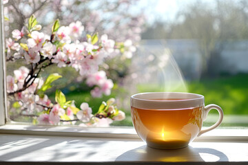 Morning Tea by the Window with Sunlight and Blooming Flowers
