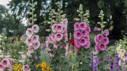 Fototapeta premium Hollyhock flowers standing tall in a garden.