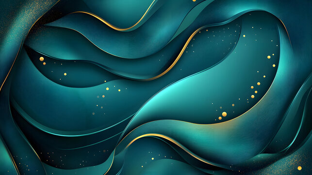 A luxurious teal design with abstract flowing lines and smooth gradients, creating a sense of modern elegance.