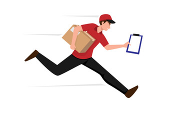A delivery boy is delivering a package to a customer. Express delivery service symbol. Vector illustration