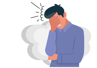 Young man is dissatisfied with negative emotional problems at work or family, stressed, confused, tired with problems, failure to think.