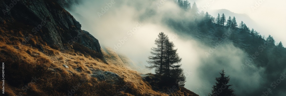 Poster misty mountains and solitary tree reflecting tranquility during early morning hours in a serene natu