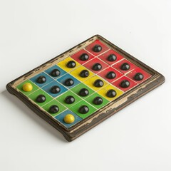 Colorful game board with black and yellow pieces.