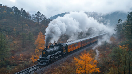 Fototapeta premium A steam locomotive pulling a heritage passenger train through a foggy mountain range
